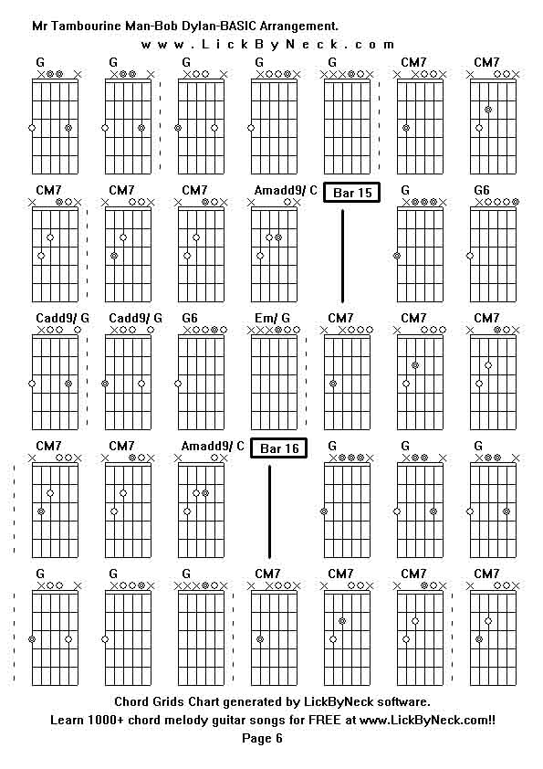 Chord Grids Chart of chord melody fingerstyle guitar song-Mr Tambourine Man-Bob Dylan-BASIC Arrangement,generated by LickByNeck software.